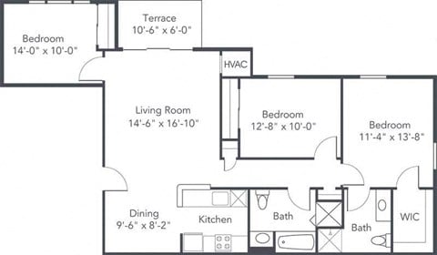 Floor plan for 3 beds, 2 baths, 1280 sqft